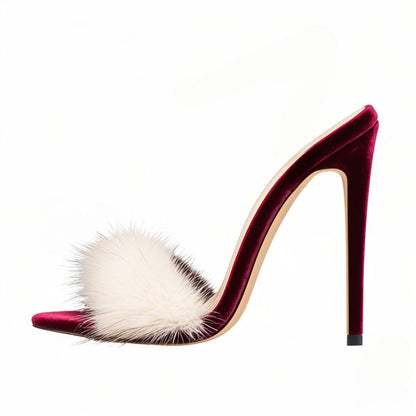 White Fur Velvet High Heel Mules | Onlymaker Essential