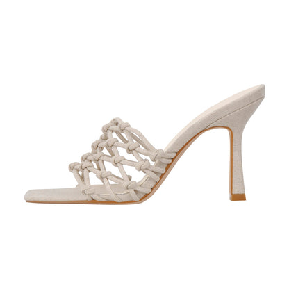 Linen Weave Sandals Square Open Toe High Heel Mules | Onlymaker Value