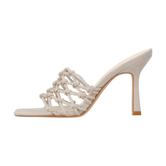 Linen Weave Sandals Square Open Toe High Heel Mules | Onlymaker Value