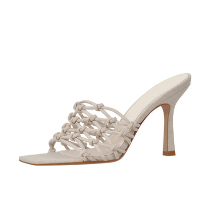 Linen Weave Sandals Square Open Toe High Heel Mules | Onlymaker Value