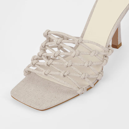 Linen Weave Sandals Square Open Toe High Heel Mules | Onlymaker Value