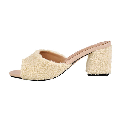 Round Toe Chunky Heel Fur Sandals Mules | Onlymaker Latest