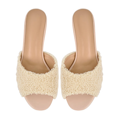 Round Toe Chunky Heel Fur Sandals Mules | Onlymaker Latest