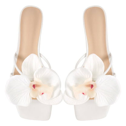 Flower Square Toe Chunky Heel Sandals Mules | Onlymaker Exclusive