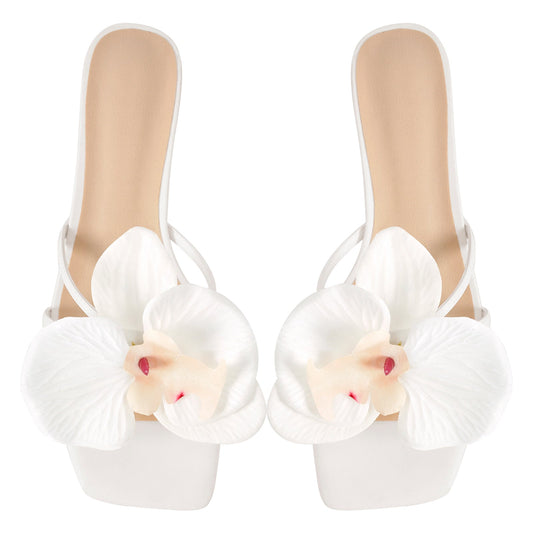 Flower Square Toe Chunky Heel Sandals Mules | Onlymaker Exclusive