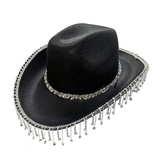 Black Fringe Rhinestone Cowboy Hat | Onlymaker Great Value