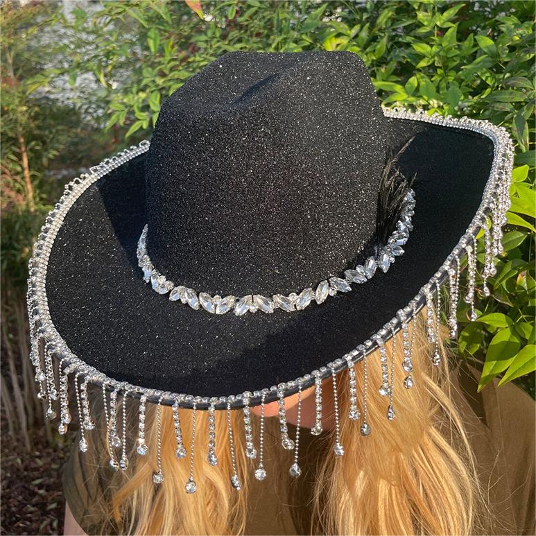 Black Fringe Rhinestone Cowboy Hat | Onlymaker Great Value