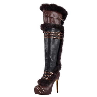 Platform Fur Rivet Buckle Thigh High Boots | Onlymaker Latest