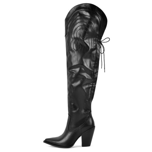 Pointed Toe Back Lace-up Thigh High Western Boots | Onlymaker Quality