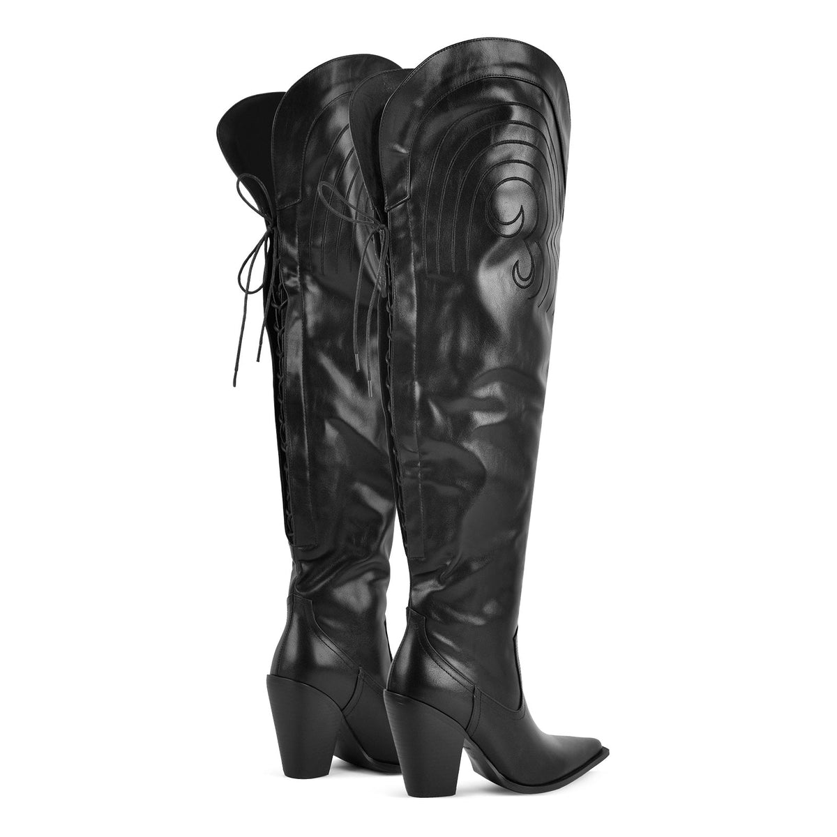 Pointed Toe Back Lace-up Thigh High Western Boots | Onlymaker Quality