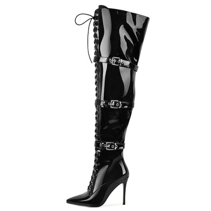 Pointed Toe Buckle Strap Lace-up Thigh High Boots | Onlymaker Great Value