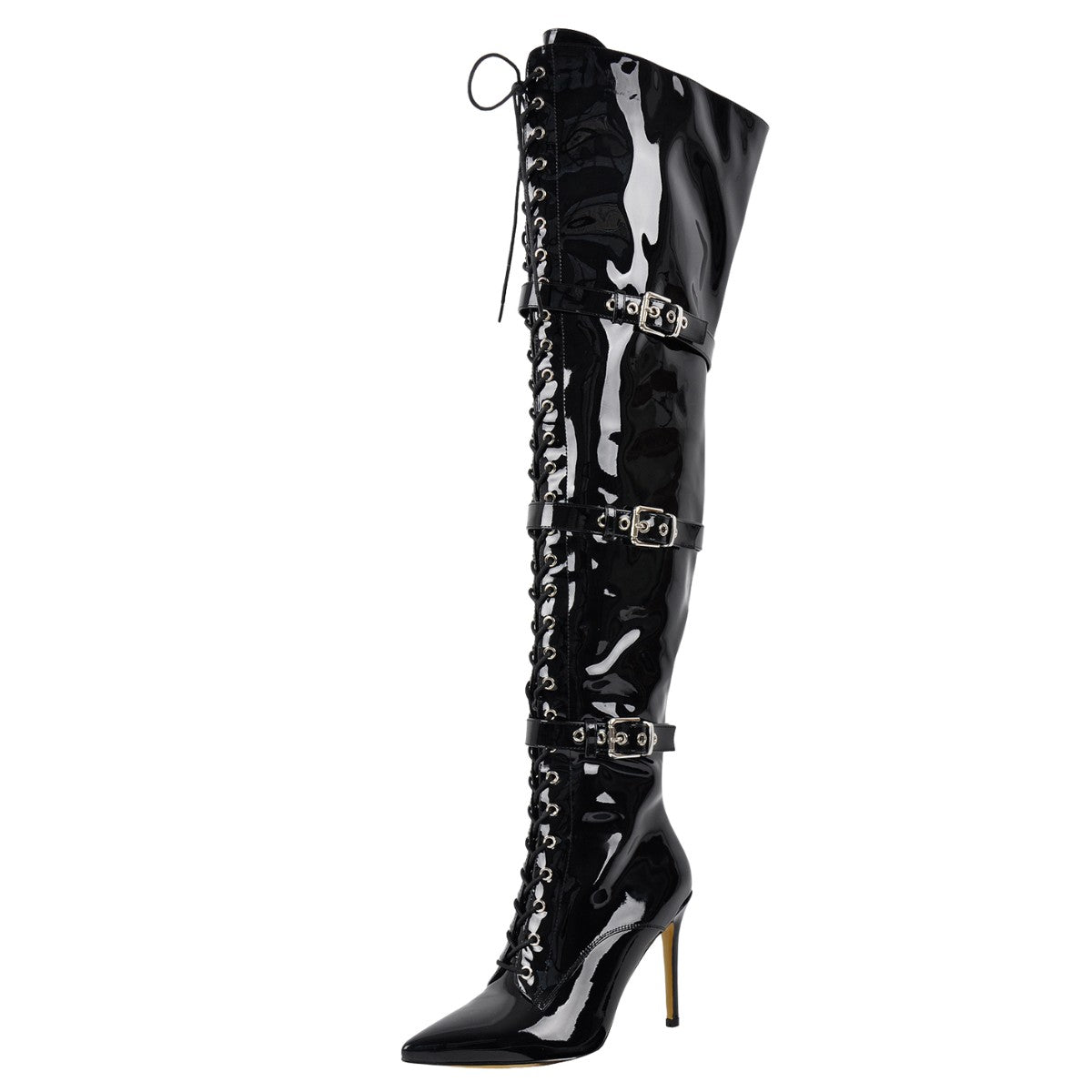 Pointed Toe Buckle Strap Lace-up Thigh High Boots | Onlymaker Great Value
