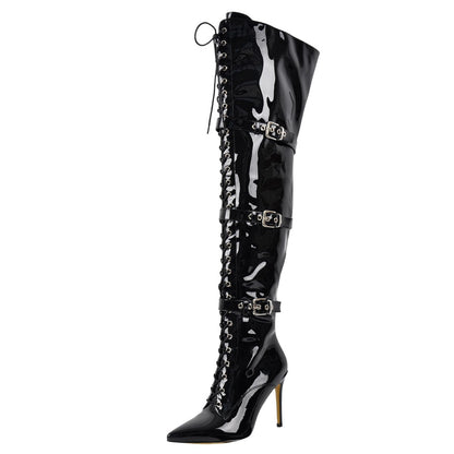 Pointed Toe Buckle Strap Lace-up Thigh High Boots | Onlymaker Great Value