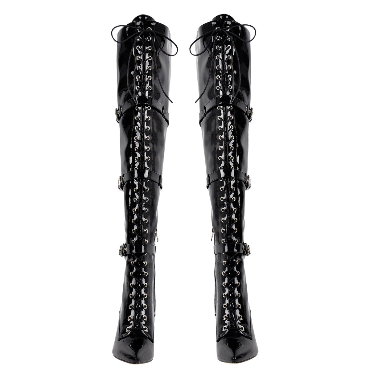 Pointed Toe Buckle Strap Lace-up Thigh High Boots | Onlymaker Great Value