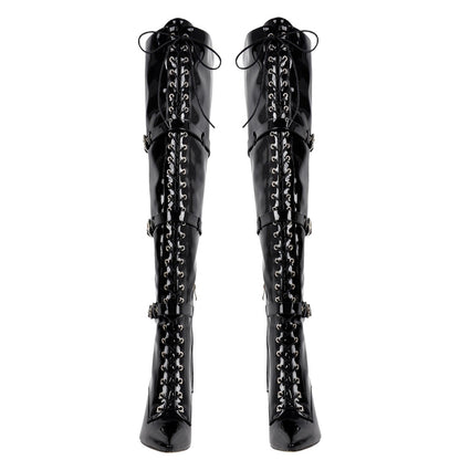 Pointed Toe Buckle Strap Lace-up Thigh High Boots | Onlymaker Great Value