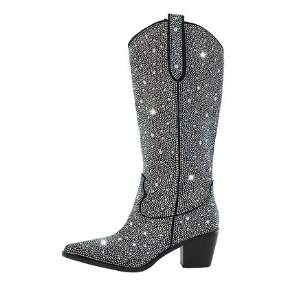 Rhinestone Pointed Toe Knee High Western Boots | Onlymaker Recommended