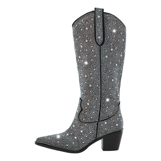 Rhinestone Pointed Toe Knee High Western Boots | Onlymaker Recommended