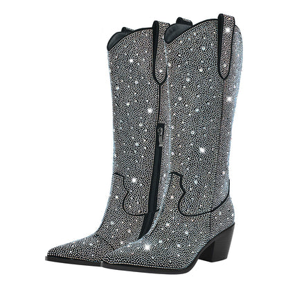 Rhinestone Pointed Toe Knee High Western Boots | Onlymaker Recommended