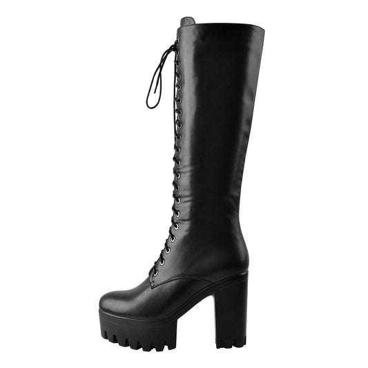 Round Toe Chunky Heel Lace up Platform Knee Boots | Onlymaker Popular