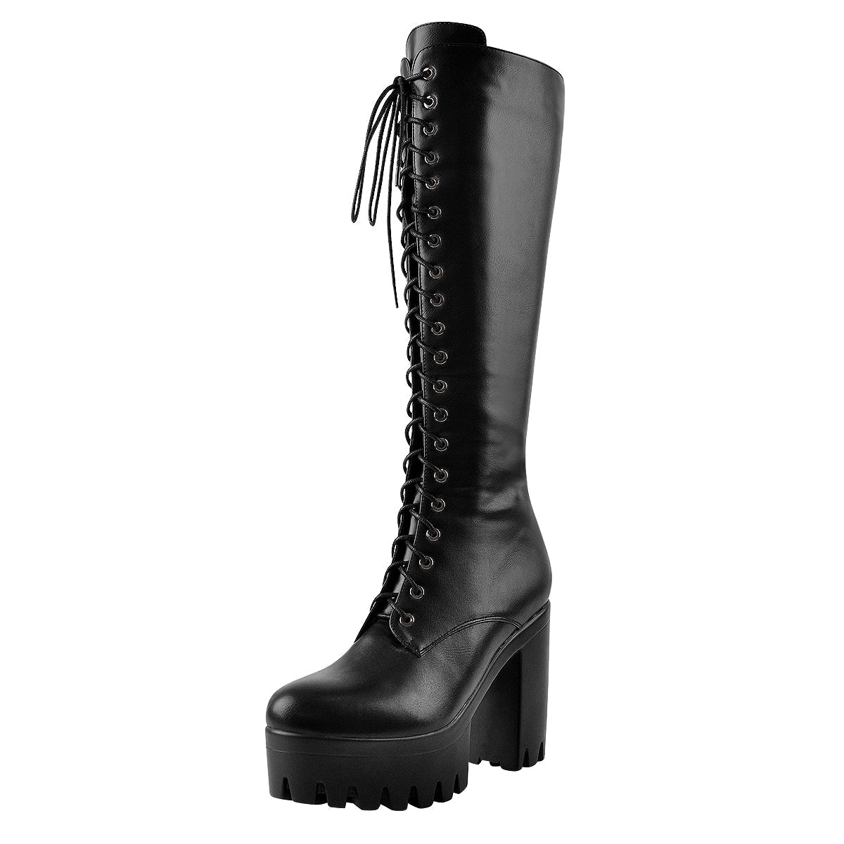 Round Toe Chunky Heel Lace up Platform Knee Boots | Onlymaker Popular