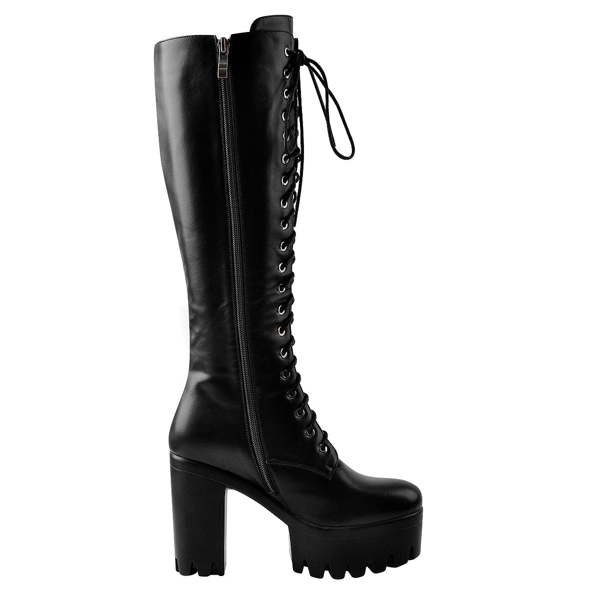 Round Toe Chunky Heel Lace up Platform Knee Boots | Onlymaker Popular
