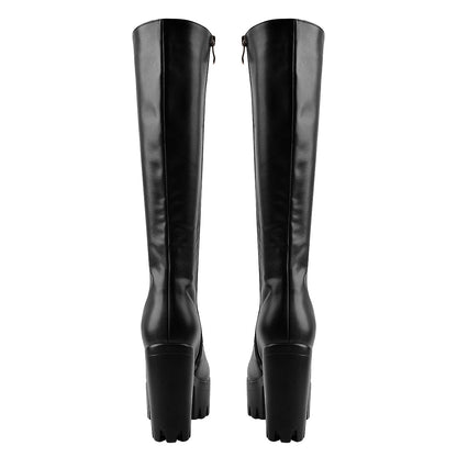 Round Toe Chunky Heel Lace up Platform Knee Boots | Onlymaker Popular
