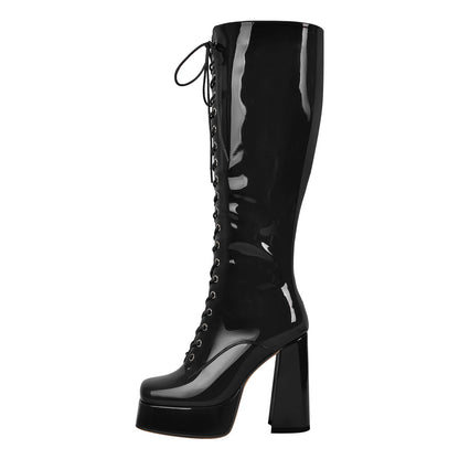 Square Toe Lace up Chunky Heels Boots | Onlymaker Customer Favorite
