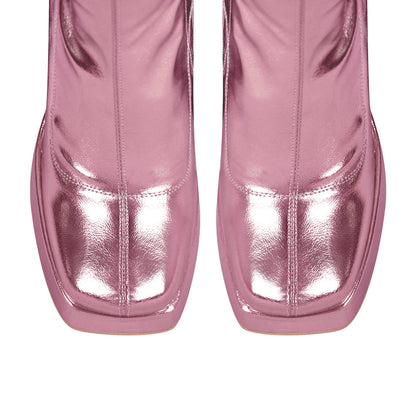 Metallic Leather Platform Chunky Heel Knee High Boots | Onlymaker Best Price