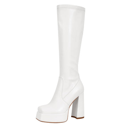 Square Toe Platform Chunky Heel Knee High Boots | Onlymaker Classic