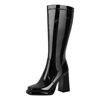 Platform Square Toe Chunky Heel Knee High Boots | Onlymaker Premium