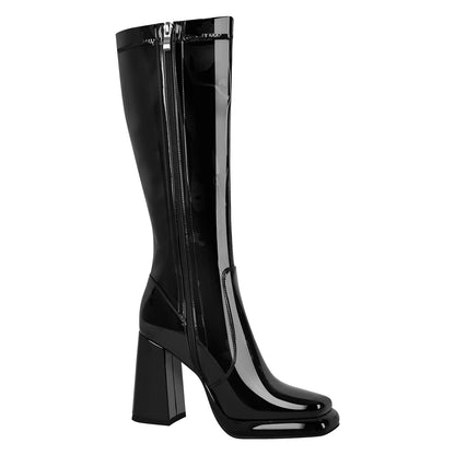 Platform Square Toe Chunky Heel Knee High Boots | Onlymaker Premium