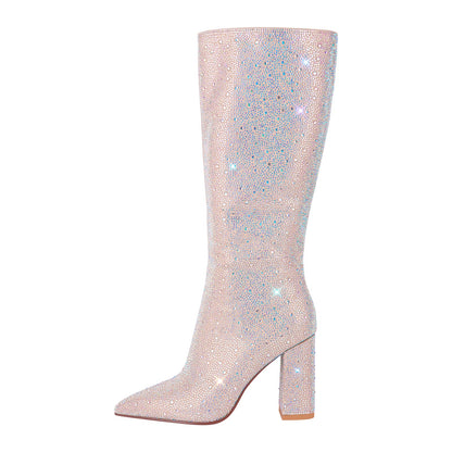 Rhinestone Pointed Toe Chunky Heel Boots | Onlymaker Featured