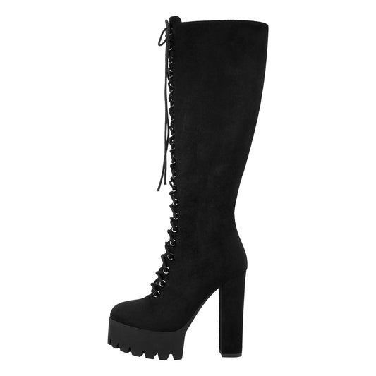 Platform Chunky Heels Lace up Knee High Boots | Onlymaker Popular
