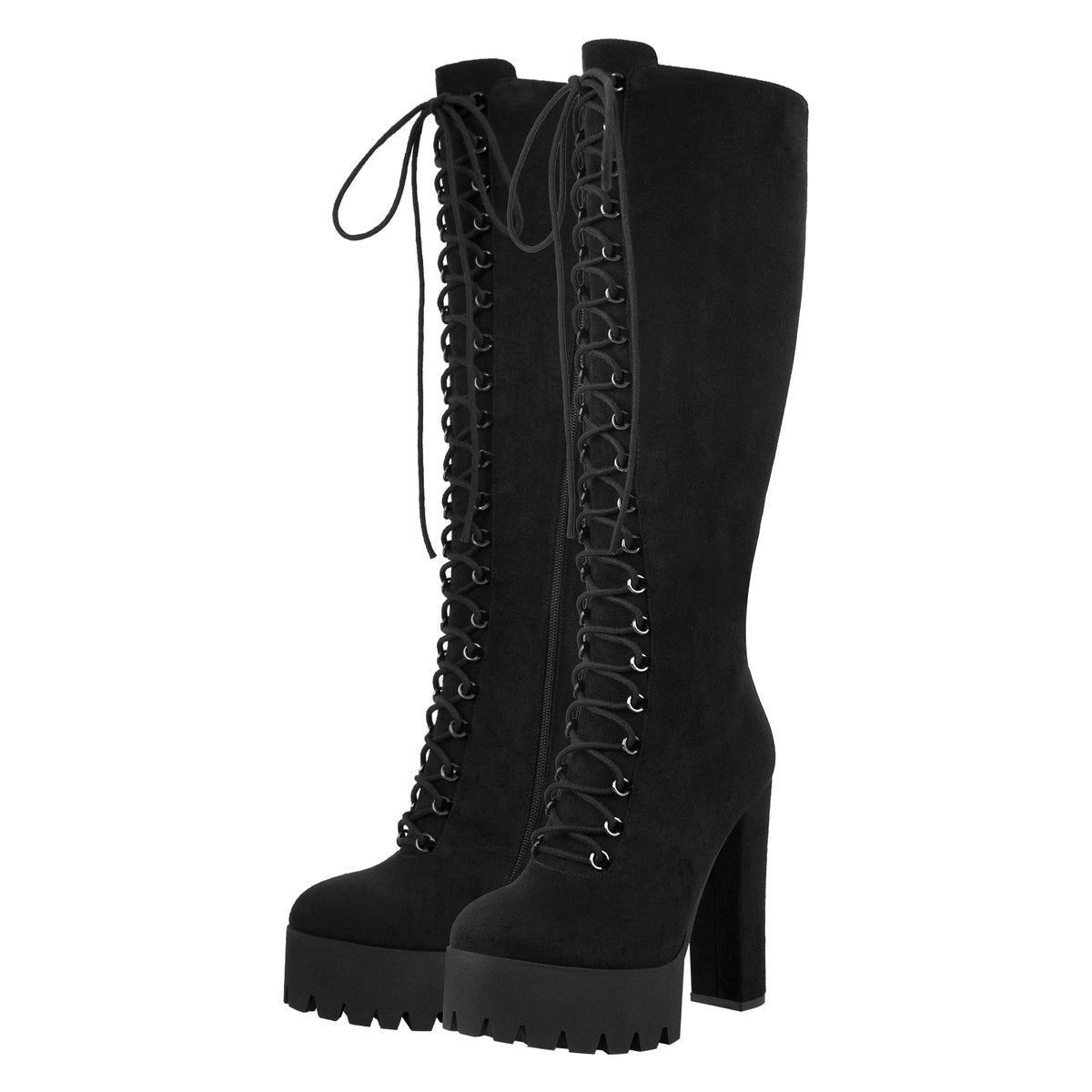 Platform Chunky Heels Lace up Knee High Boots | Onlymaker Popular
