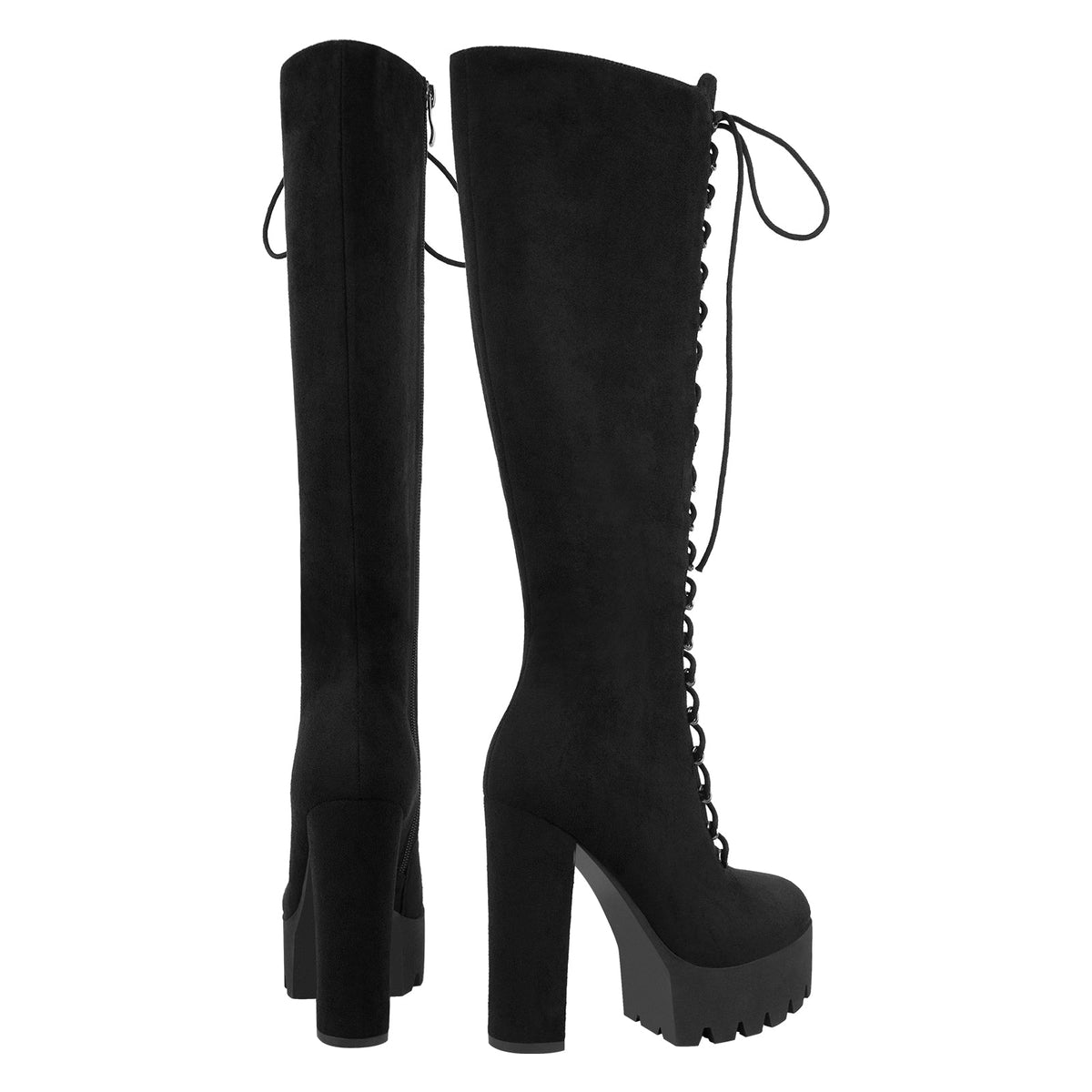 Platform Chunky Heels Lace up Knee High Boots | Onlymaker Popular