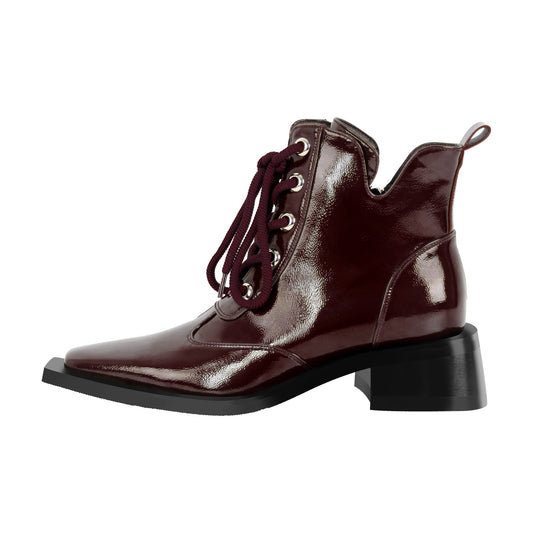 Square Toe Lace-up Chunky Heel Ankle Boots | Onlymaker New