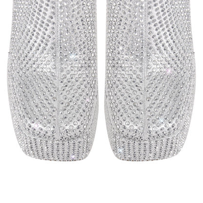 Rhinestone Square Toe Platform Chunky Heel Ankle Boots | Onlymaker Latest