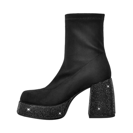 Black Round Toe Chunky Heel Rhinestone Ankle Boots | Onlymaker Trusted