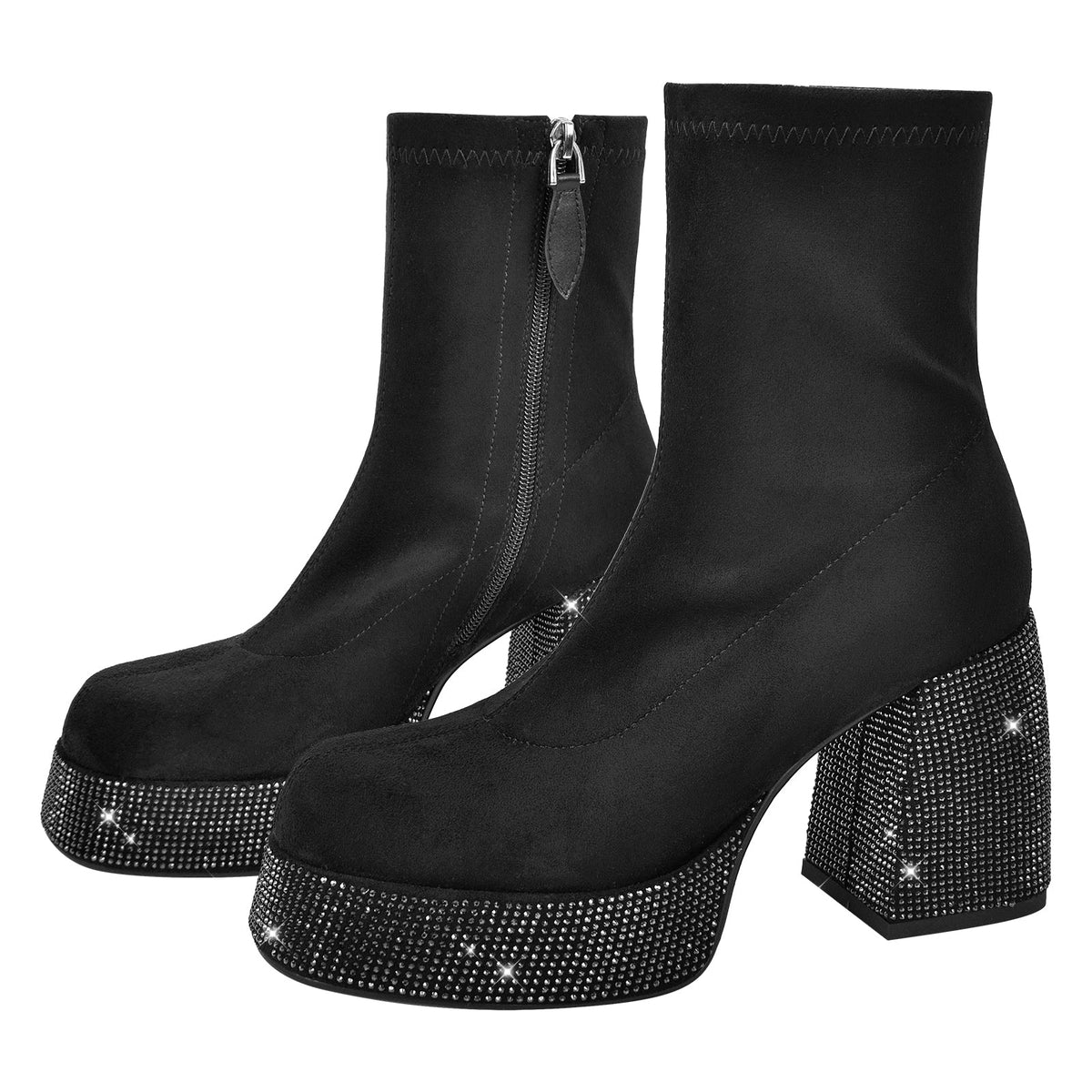 Black Round Toe Chunky Heel Rhinestone Ankle Boots | Onlymaker Trusted