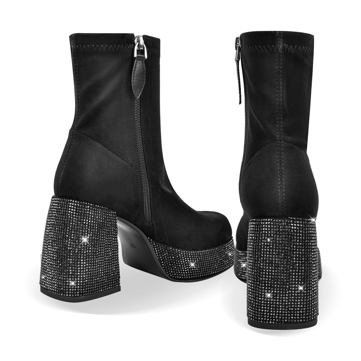 Black Round Toe Chunky Heel Rhinestone Ankle Boots | Onlymaker Trusted