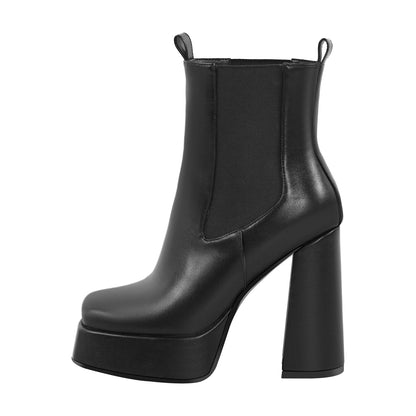 Black Square Toe Platform Chunky Heel Ankle Boots | Onlymaker Best Seller