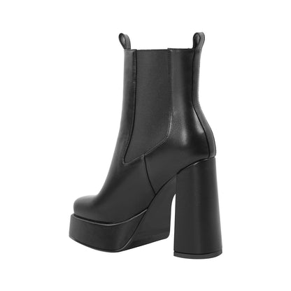 Black Square Toe Platform Chunky Heel Ankle Boots | Onlymaker Best Seller