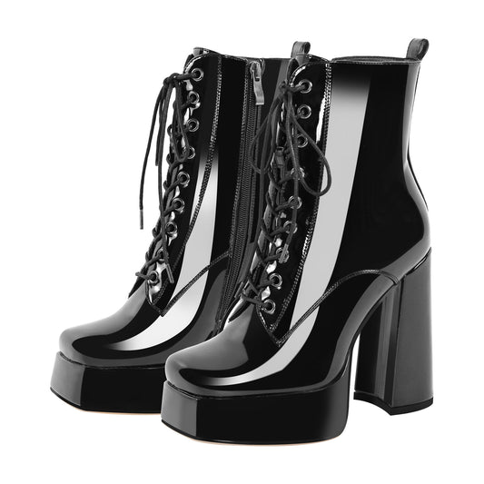 Chunky Heels Platform Lace up Metallic Ankle Boots | Onlymaker Signature