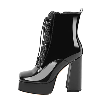 Chunky Heels Platform Lace up Metallic Ankle Boots | Onlymaker Signature