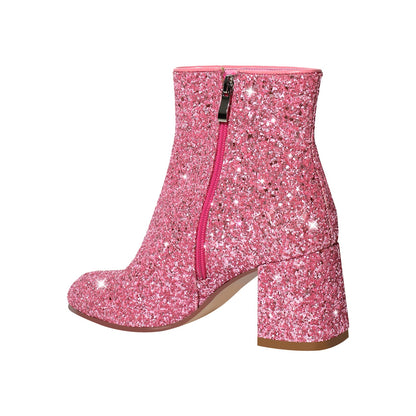 Round Toe Glitter Chunky Heel Ankle Boots | Onlymaker Trusted