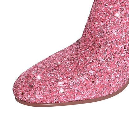 Round Toe Glitter Chunky Heel Ankle Boots | Onlymaker Trusted