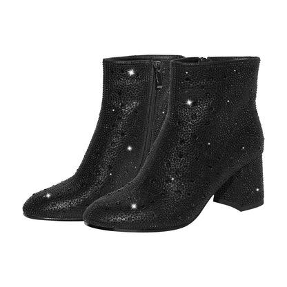 Round Toe Rhinestone Chunky Ankle Boots | Onlymaker Customer Favorite