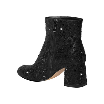 Round Toe Rhinestone Chunky Ankle Boots | Onlymaker Customer Favorite