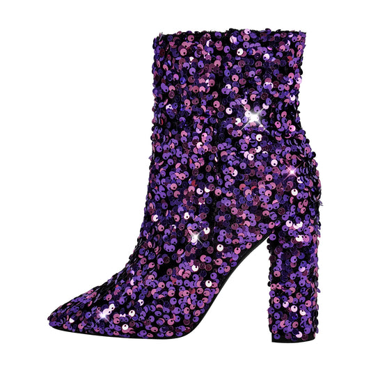 Sequin Pointed Toe Chunky Heel Ankle Boots | Onlymaker Everyday