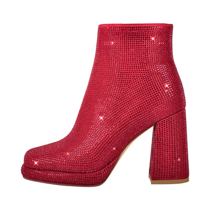 Square Toe Rhinestone Platform Ankle Boots | Onlymaker Value